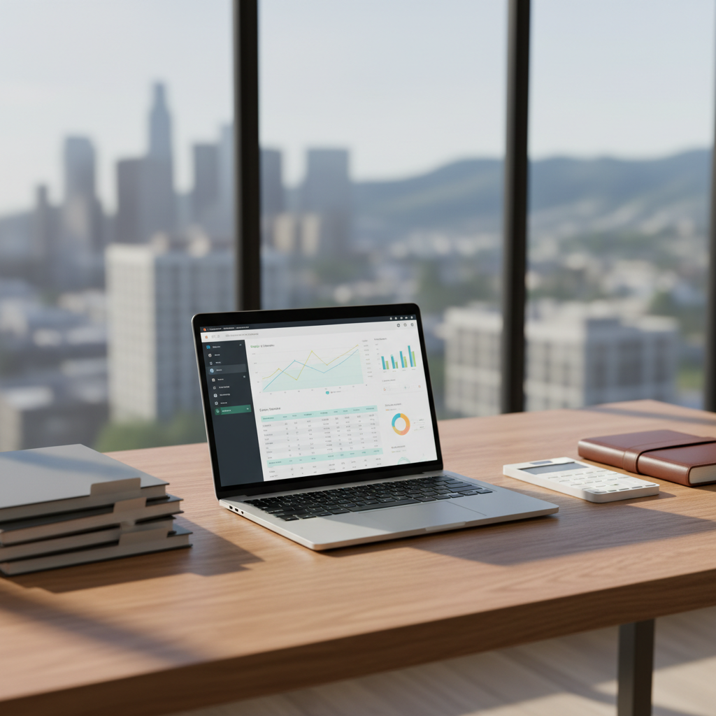A modern bookkeeping workstation in a bright Sacramento office, centered on a slim silver laptop displaying a clean financial dashboard with graphs and balance sheets (no readable text). The laptop rests on a warm oak desk with neatly stacked client folders, a closed leather-bound notebook, and a minimalist calculator. Through a large window, an abstract hint of a West Coast city skyline and distant hills is softly blurred. Afternoon natural light streams in, creating gentle reflections on the laptop and subtle shadows on the desk. Photographic realism, eye-level composition, and a shallow depth of field emphasize organization and clarity, creating a calm, trustworthy, and professional atmosphere suitable for a bookkeeping firm’s homepage hero image.