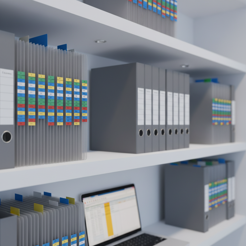 A close-up, photographic scene of neatly labeled accordion folders and binders on a modern white shelf, each with colored tabs denoting different business accounts and tax years, though no readable text. A slim, silver laptop sits open on a nearby floating shelf, displaying a blurred spreadsheet interface. Soft, cool-toned office lighting from recessed fixtures above creates even illumination with minimal shadows, suggesting reliability and structure. The mood is orderly and calm, with a clean, contemporary aesthetic. Shot at a slight angle with medium depth of field, the shelves lead the eye into the frame, symbolizing comprehensive, well-organized bookkeeping and recordkeeping services.