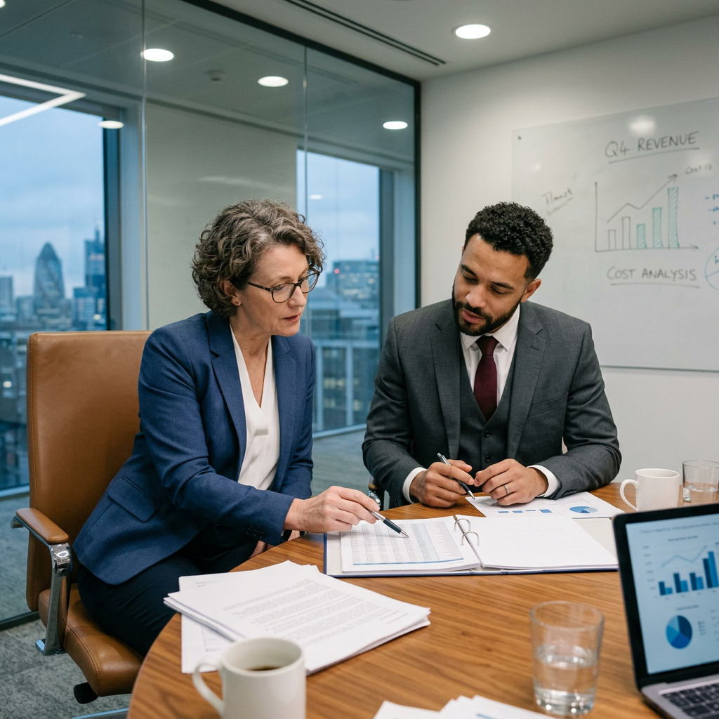 Two business professionals analyzing financial documents with charts