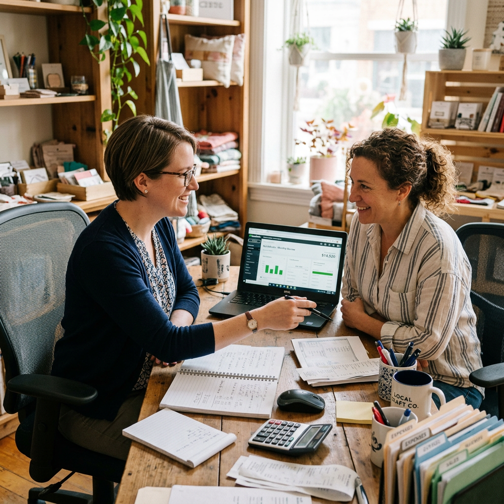 Two women reviewing financial charts and notes at a desk