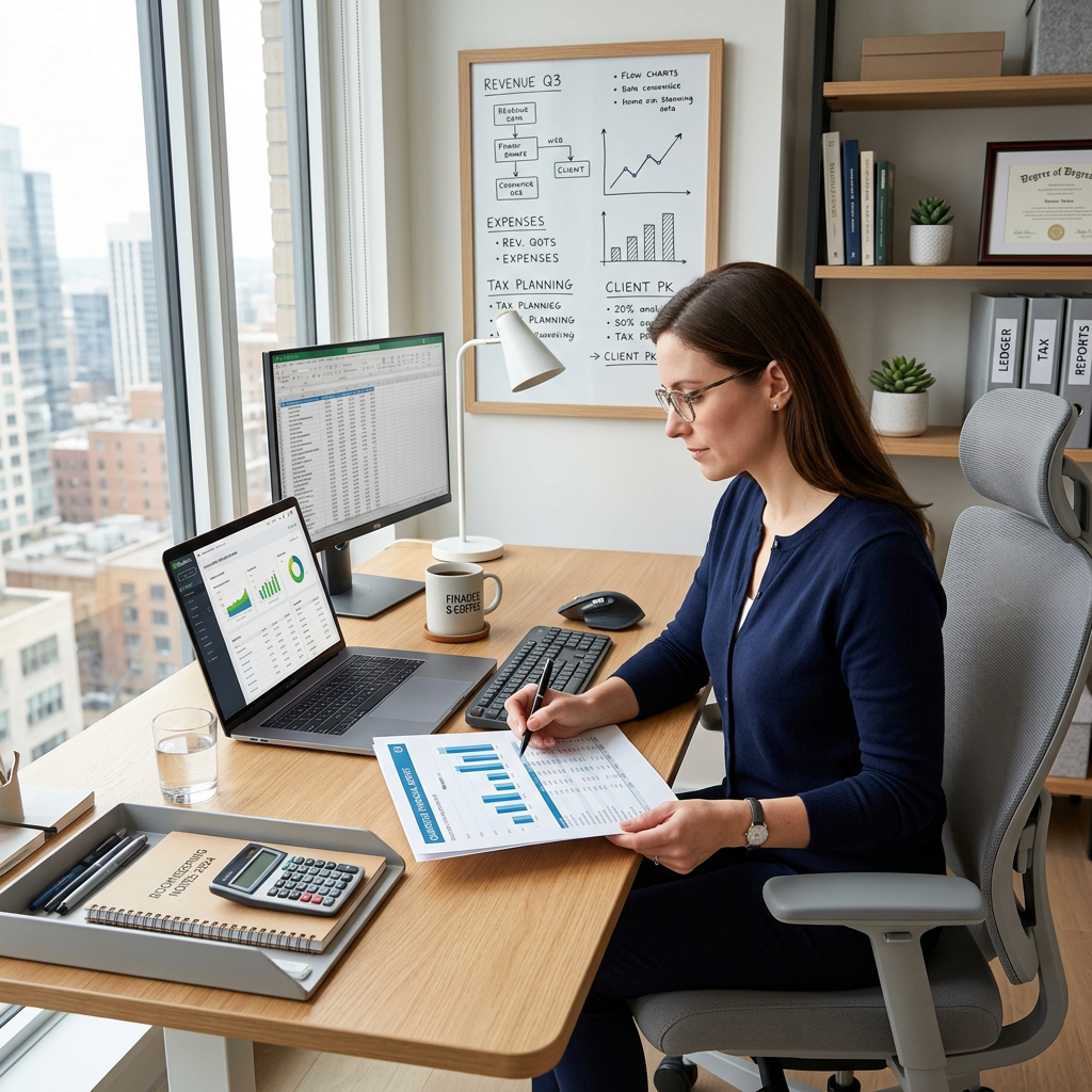 Woman sitting at desk analyzing printed charts and working on computer with financial data