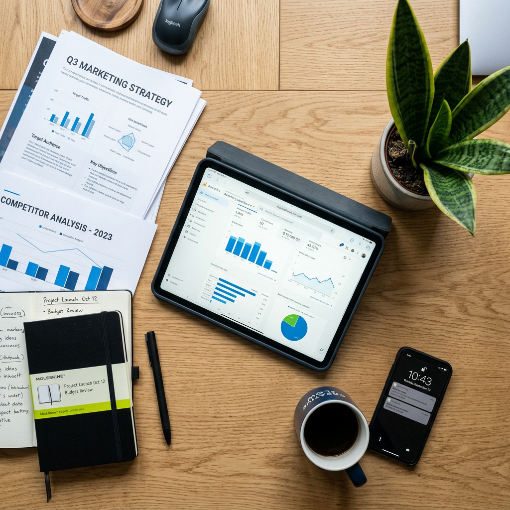 Desk with marketing strategy papers, tablet displaying analytics, smartphone, coffee cup, plant, and notebook
