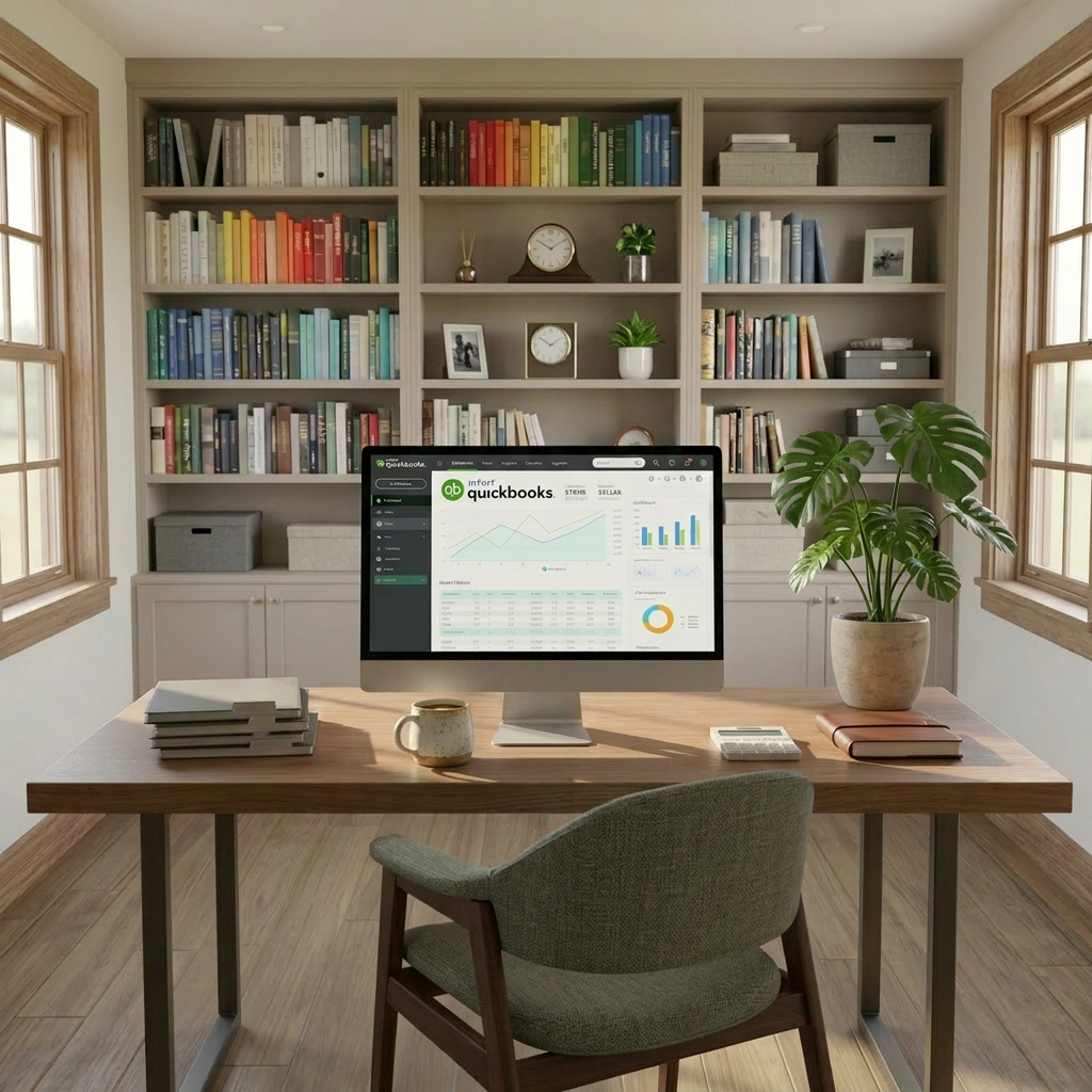 A modern bookkeeping workstation in a bright Sacramento office, centered on a slim silver laptop displaying a clean financial dashboard with graphs and balance sheets (no readable text). The laptop rests on a warm oak desk with neatly stacked client folders, a closed leather-bound notebook, and a minimalist calculator. Through a large window, an abstract hint of a West Coast city skyline and distant hills is softly blurred. Afternoon natural light streams in, creating gentle reflections on the laptop and subtle shadows on the desk. Photographic realism, eye-level composition, and a shallow depth of field emphasize organization and clarity, creating a calm, trustworthy, and professional atmosphere suitable for a bookkeeping firm’s homepage hero image.
