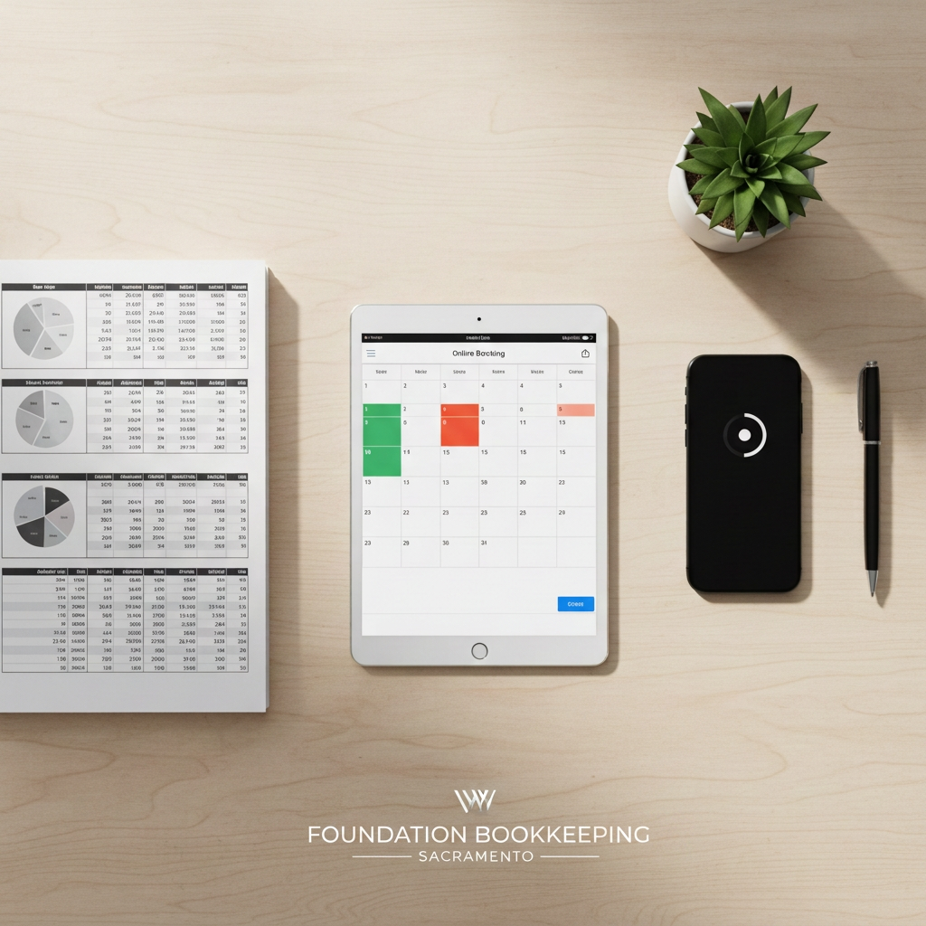 An overhead photographic view of a meticulously organized desk representing professional bookkeeping services, featuring neatly arranged printed financial reports with clean charts and tables (unreadable), a slim tablet showing a calendar scheduling interface symbolizing online booking, and a smartphone with a simple notification icon. A small succulent in a white ceramic pot and a matte black pen add subtle accents. The desk surface is a light, textured wood, illuminated by soft, diffused natural light from an unseen window, casting delicate, orderly shadows. The composition follows the rule of thirds, with sharp focus throughout, conveying precision, accessibility, and efficiency for a Sacramento-based bookkeeping service catering to West Coast businesses.